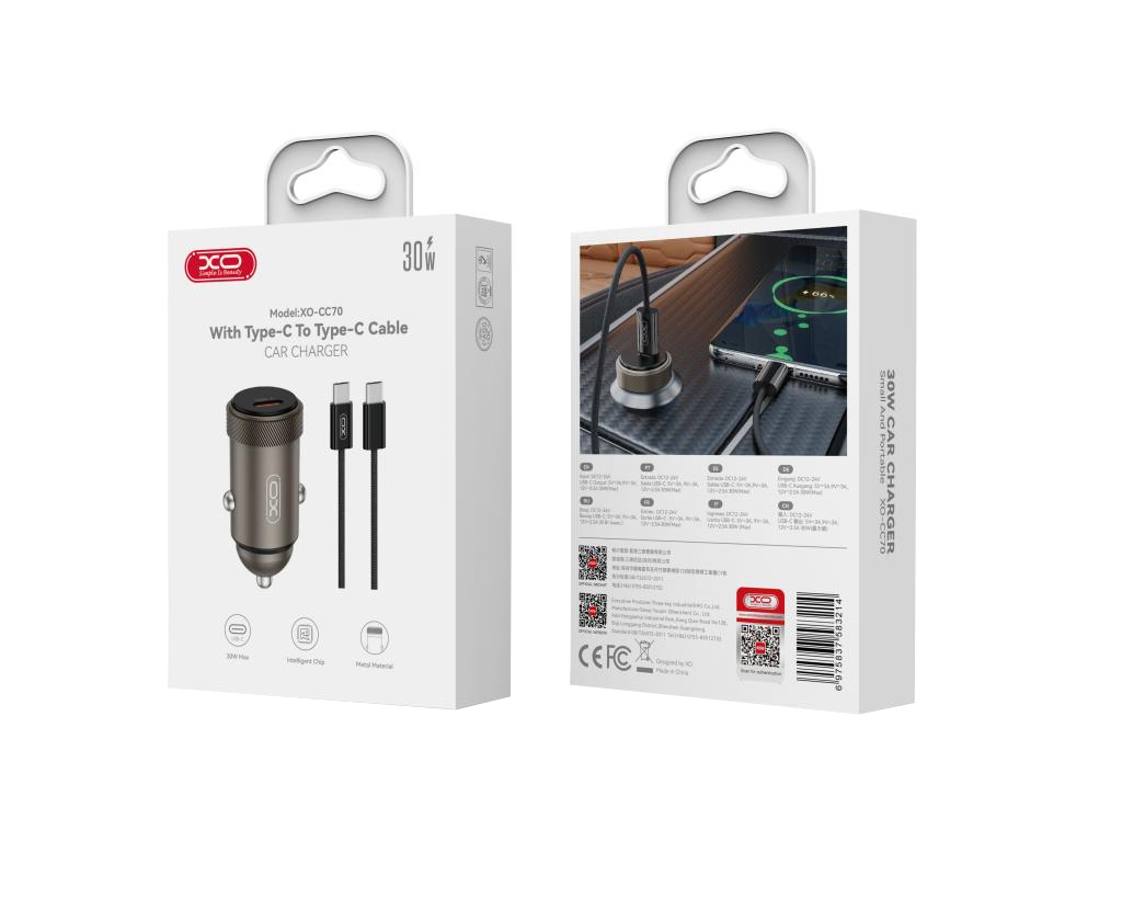 Car Charger with USB-C Cable XO Design CC70, 30W, 3A, 1 x USB-C, Black