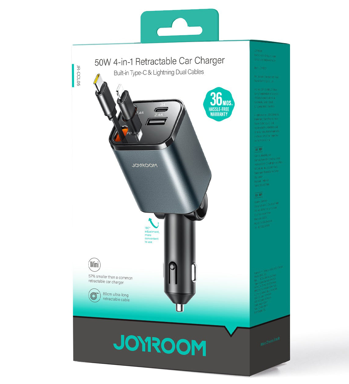 Car Charger with USB-C / Lightning Cable Joyroom JR-CCL05, 30W, 3A, 1 x USB-A - 1 x USB-C, Gray