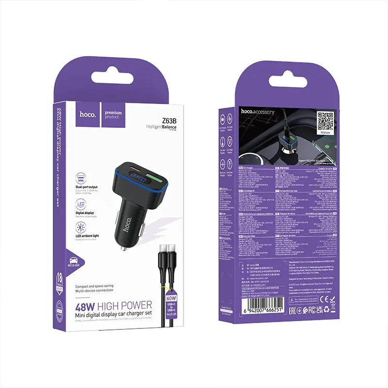 Car Charger with USB-C Cable HOCO Z63B Display, 48W, 3A, 1 x USB-A - 1 x USB-C, Black