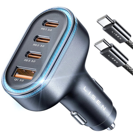 Lisen Car Charger with USB-C Cable, 101W, 3.25A, 1 x USB-A - 3 x USB-C, Black YL0223120021