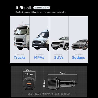 Spigen EV1133 Car Charger with USB-C Cable, 113W, 3.25A, 1 x USB-A - 2 x USB-C, Black