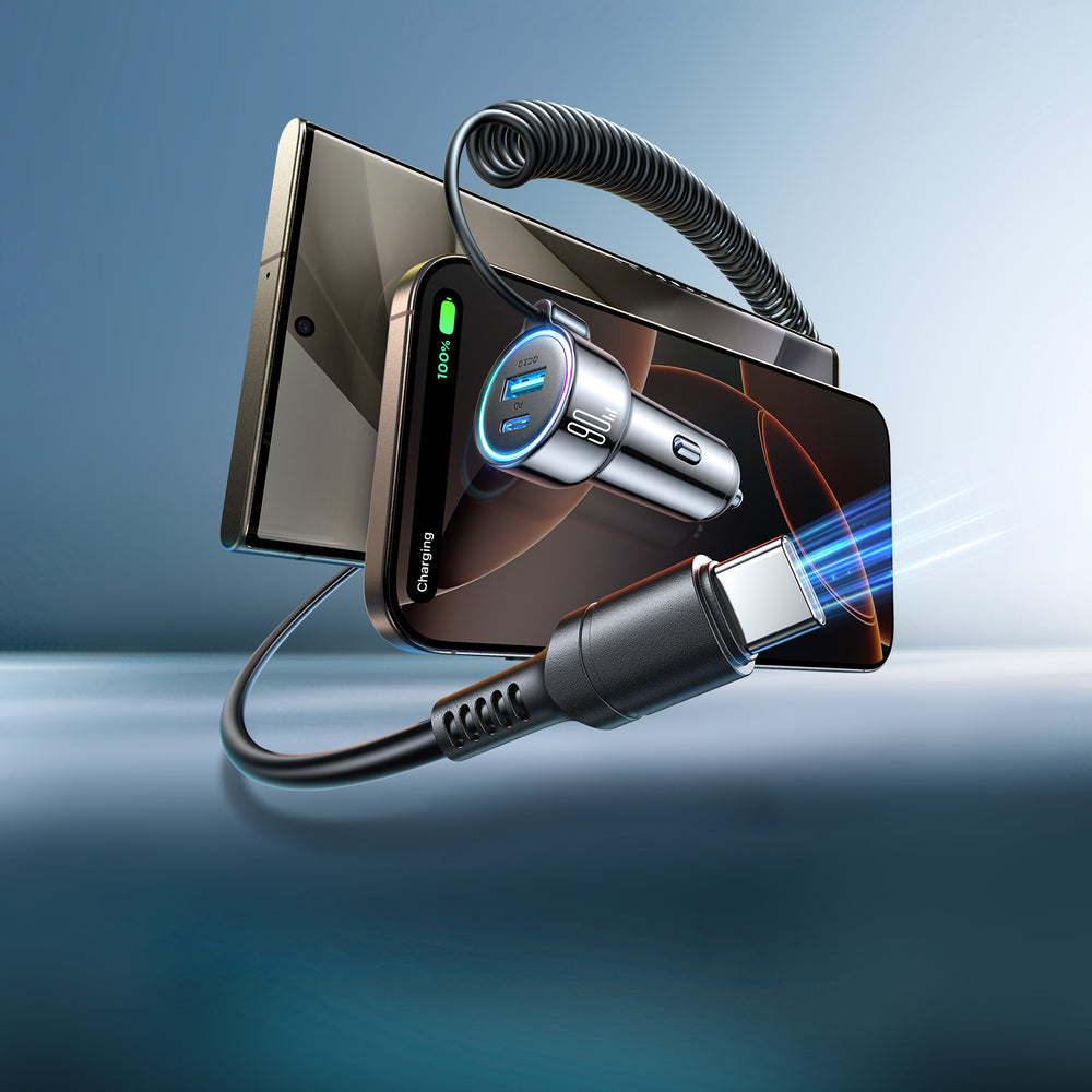 USB-C Wired Car Charger Joyroom JR-CL07, 90W, 3A, 1 x USB-A - 1 x USB-C, Black