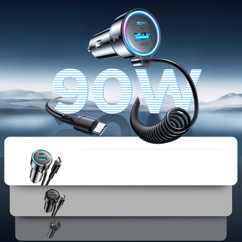 USB-C Wired Car Charger Joyroom JR-CL07, 90W, 3A, 1 x USB-A - 1 x USB-C, Black