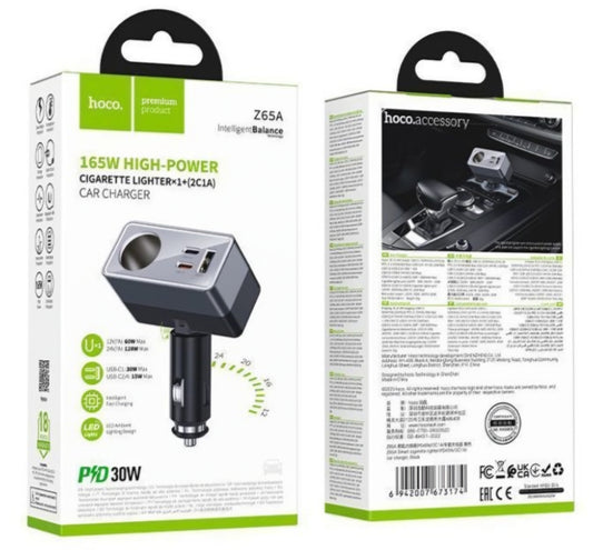 HOCO Z65A Car Charger, 165W, 3A, 1 x Cigarette Lighter Extension - 1 x USB-A - 2 x USB-C, Black
