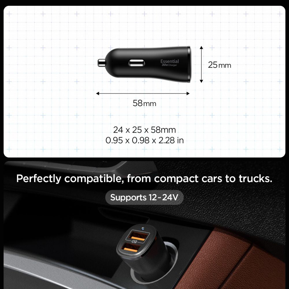 Spigen EV302 Essential Car Charger, 30W, 3A, 2 x USB-A, Black ACP08700