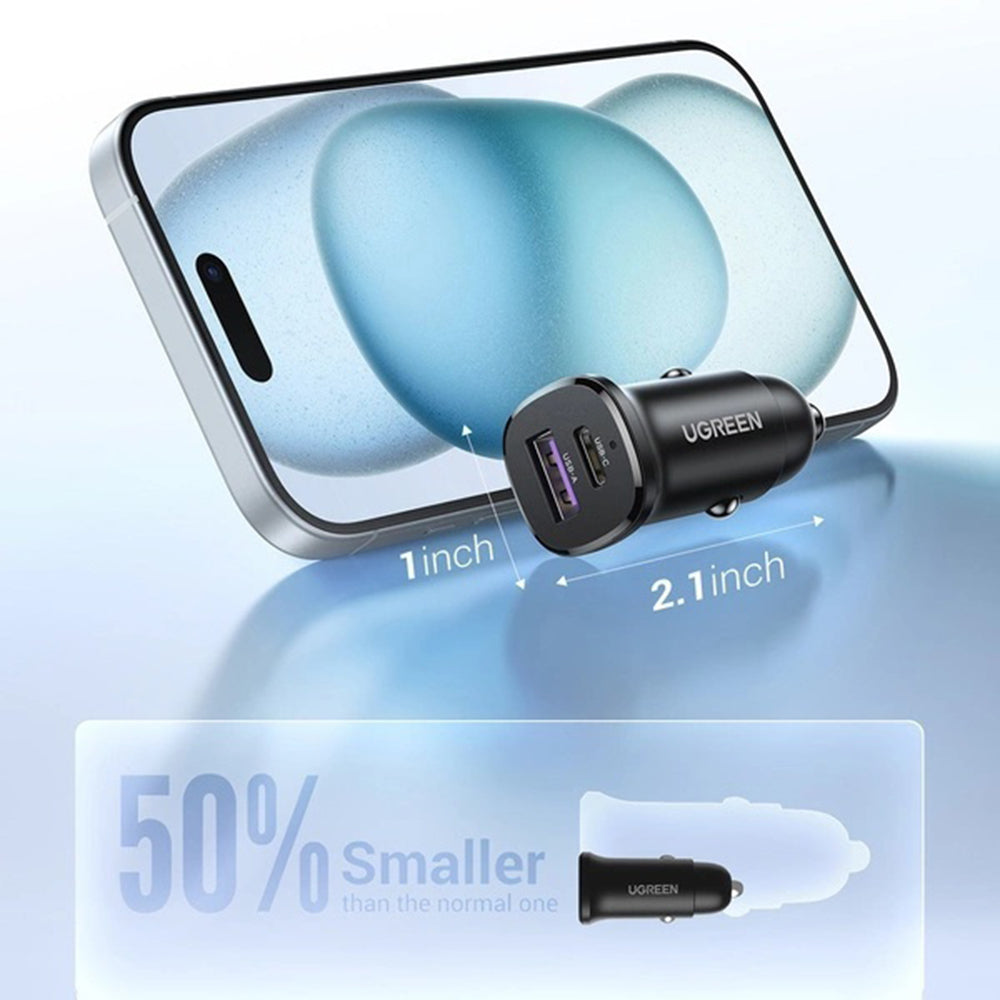UGREEN EC305 Car Charger, 30W, 3A, 1 x USB-A - 1 x USB-C, Black