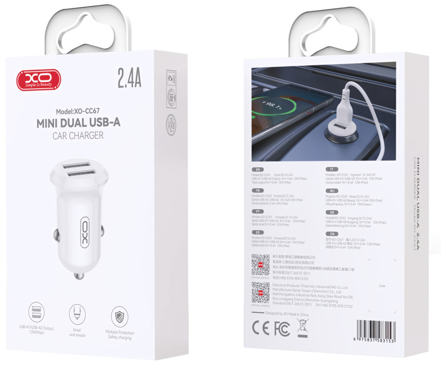 XO Design CC67 Car Charger, 12W, 2.4A, 2 x USB-A, White
