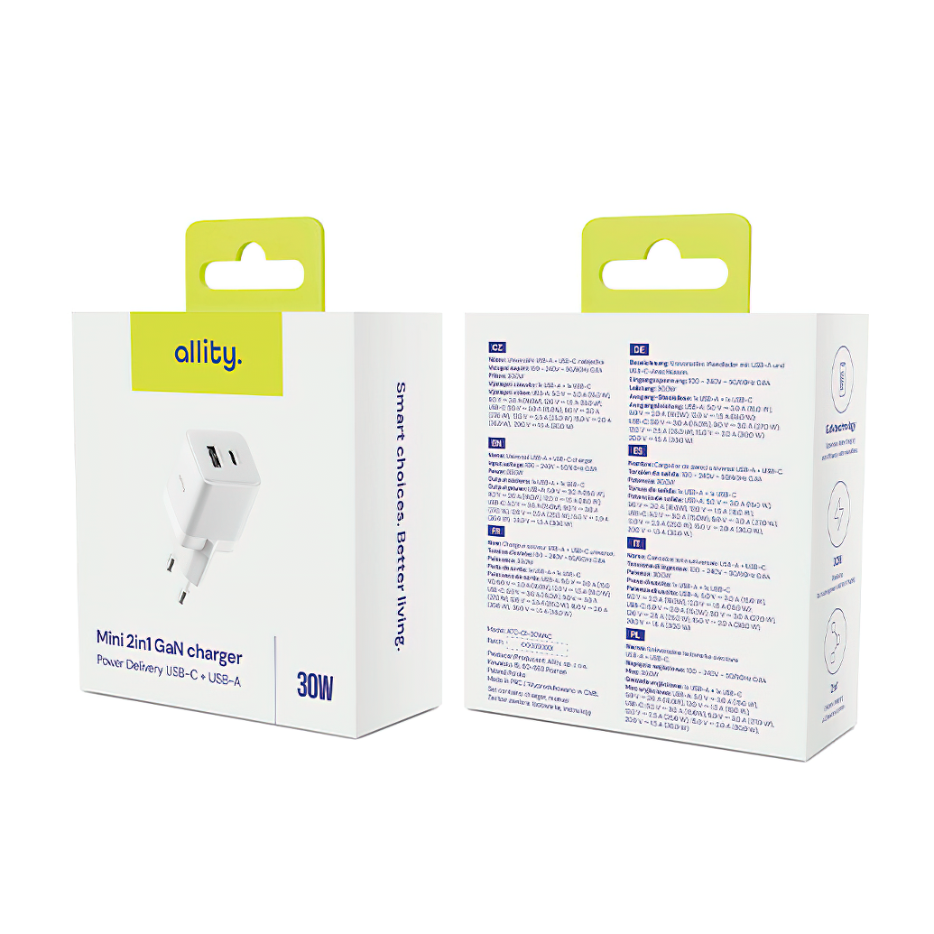 Allity Network Charger. ATC-01-30WAC Mini, 30W, 3A, 1 x USB-A - 1 x USB-C, White