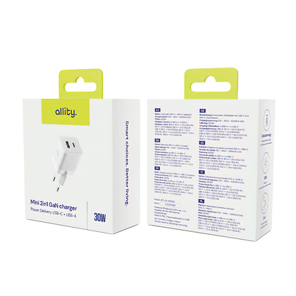 Allity Network Charger. ATC-01-30WAC Mini, 30W, 3A, 1 x USB-A - 1 x USB-C, White