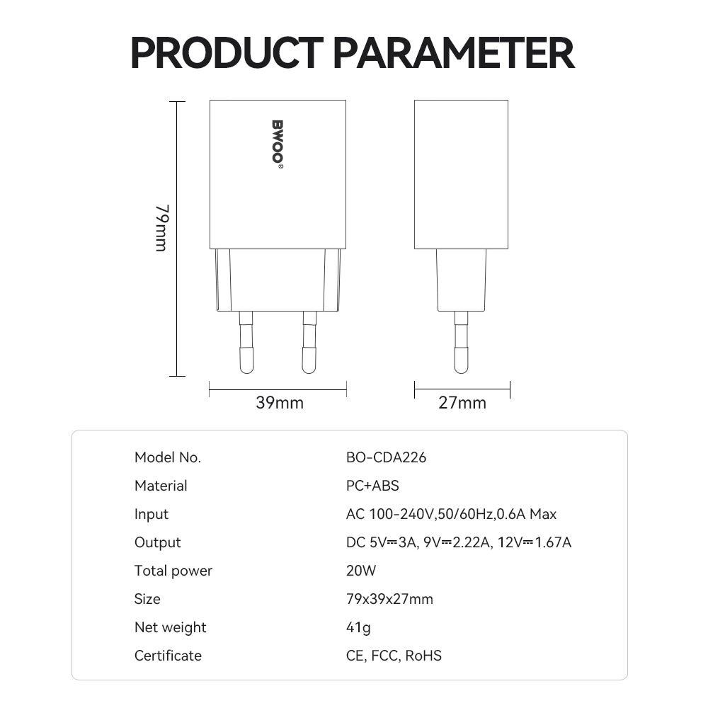 BWOO CDA226 Network Charger, 20W, 3A, 1 x USB-C, White