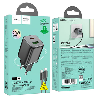 Network Charger with Lightning Cable HOCO N41, 20W, 3A, 1 x USB-A - 1 x USB-C, Black