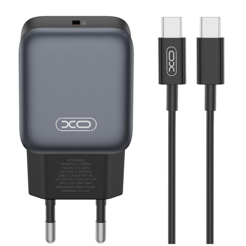 Network Charger with USB-C Cable XO Design L155, 30W, 3A, 1 x USB-C, Black