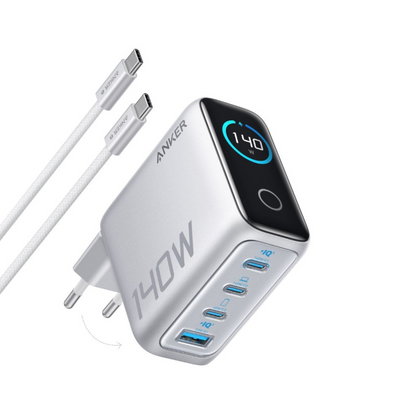 Anker Zolo USB-C Network Charger with Cable, 140W, 5A, 1 x USB-A - 3 x USB-C, Silver B2697G41