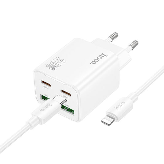 Network Charger with Lightning Cable HOCO N55, 20W, 3A, 2 x USB-A - 2 x USB-C, White