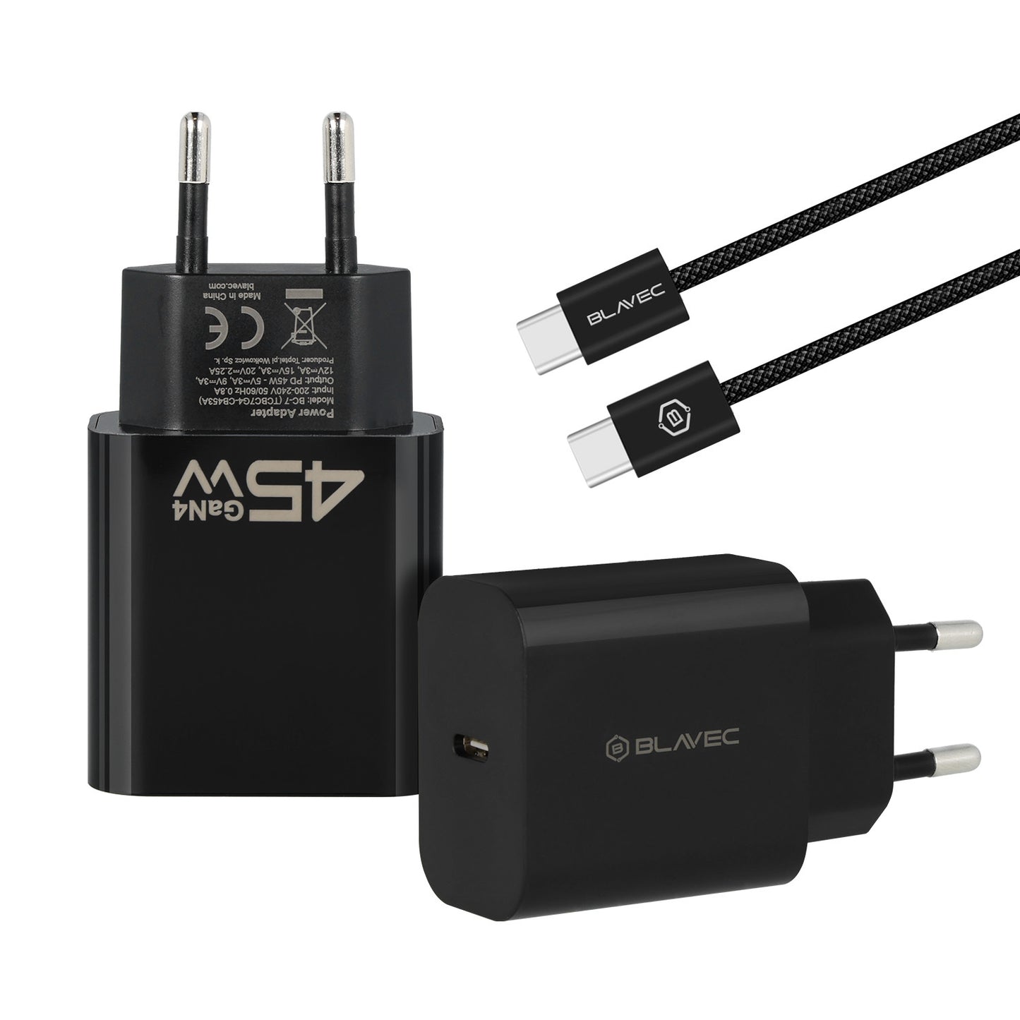 Blavec BC-7 Network Charger with USB-C Cable, 45W, 3A, 1 x USB-C, Black