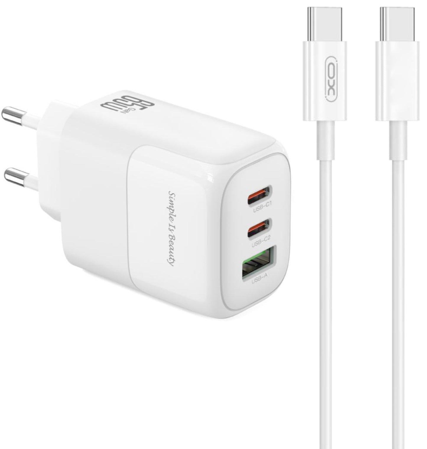 Network Charger with USB-C Cable XO Design L139, 65W, 4.5A, 1 x USB-A - 2 x USB-C, White