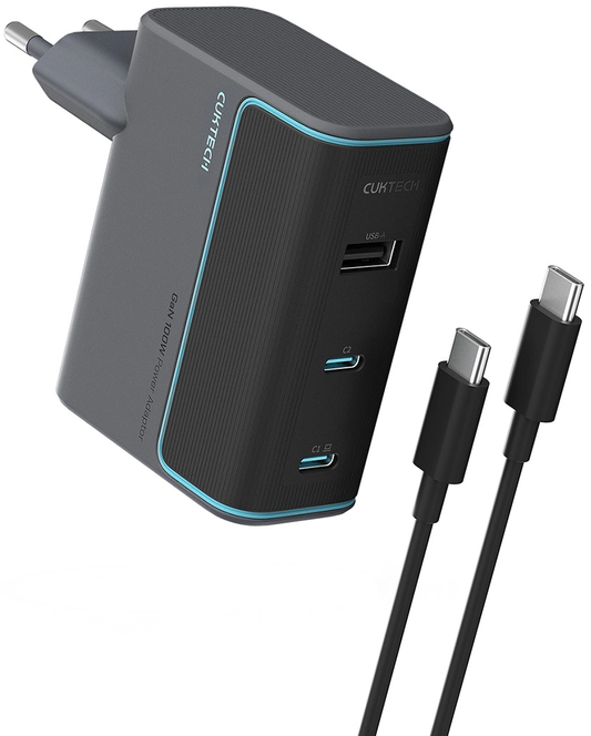Cuktech Network Charger with USB-C Cable, 100W, 5A, 1 x USB-A - 2 x USB-C, Gray CUKAD1003EUG