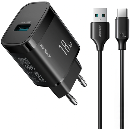 Joyroom JR-TF4 USB-C Cable Wall Charger, 18W, 3A, 1 x USB-A, Black