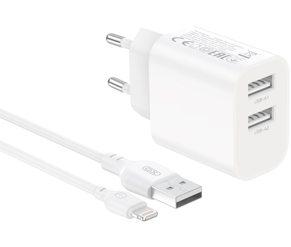 XO Design CE55 Mains Charger with Lightning Cable, 12W, 2.4A, 2 x USB-A, White