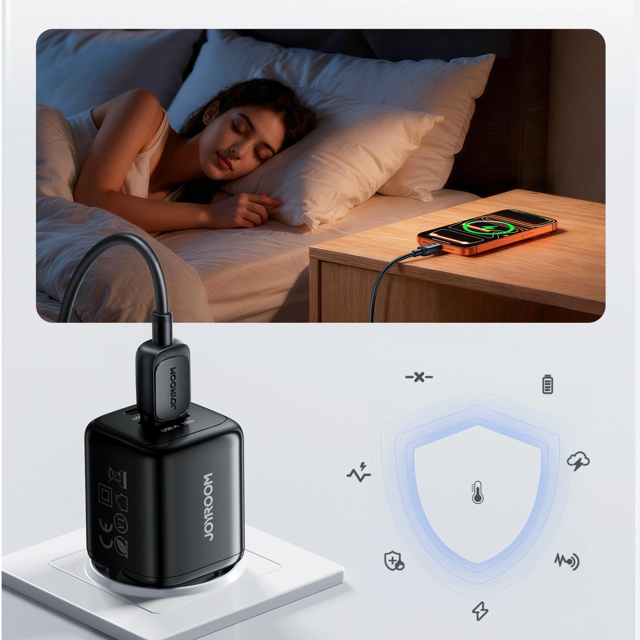 Joyroom JR-TG7 Network Charger with Lightning Cable, 33W, 3A, 1 x USB-A - 1 x USB-C, Black
