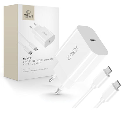 Tech-Protect NC20W Network Charger with USB-C Cable, 20W, 3A, 1 x USB-C, White