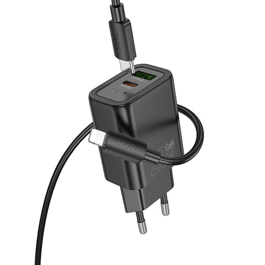 Network Charger with USB-C Cable HOCO N61, 20W, 3A, 1 x USB-A - 1 x USB-C, Black