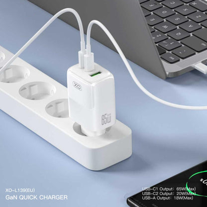 Network Charger with USB-C Cable XO Design L139, 65W, 4.5A, 1 x USB-A - 2 x USB-C, White