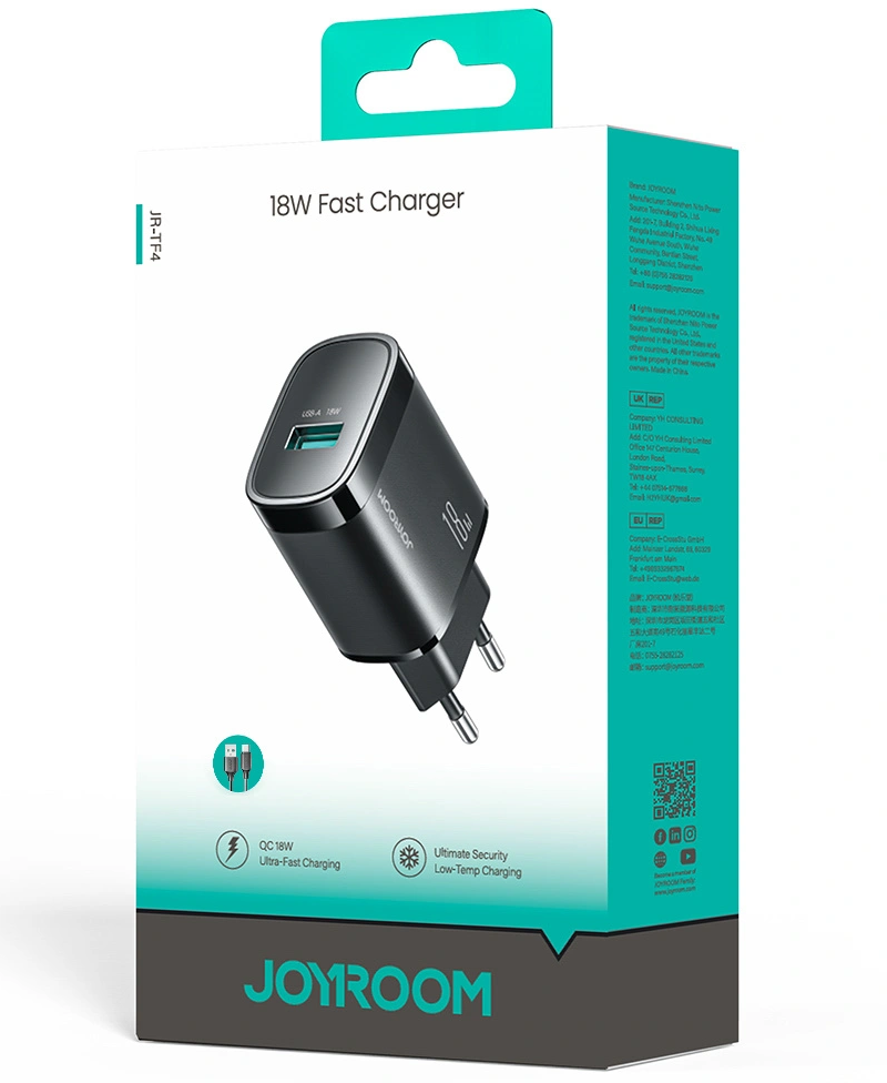 Joyroom JR-TF4 USB-C Cable Wall Charger, 18W, 3A, 1 x USB-A, Black