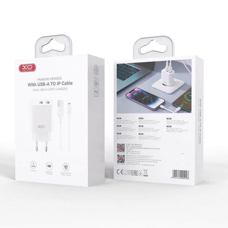 XO Design CE55 Mains Charger with Lightning Cable, 12W, 2.4A, 2 x USB-A, White