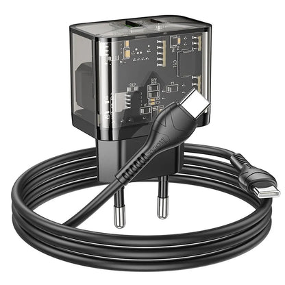 Network Charger with USB-C Cable HOCO N34, 20W, 3A, 1 x USB-A - 1 x USB-C, Transparent