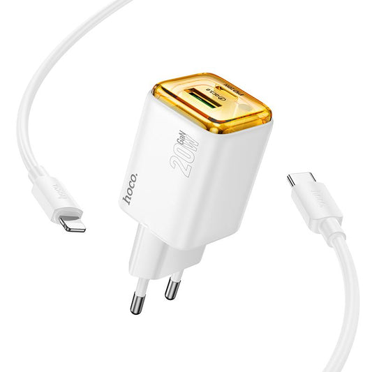 Network Charger with USB-C Cable HOCO N52, 20W, 3A, 1 x USB-A - 1 x USB-C, White