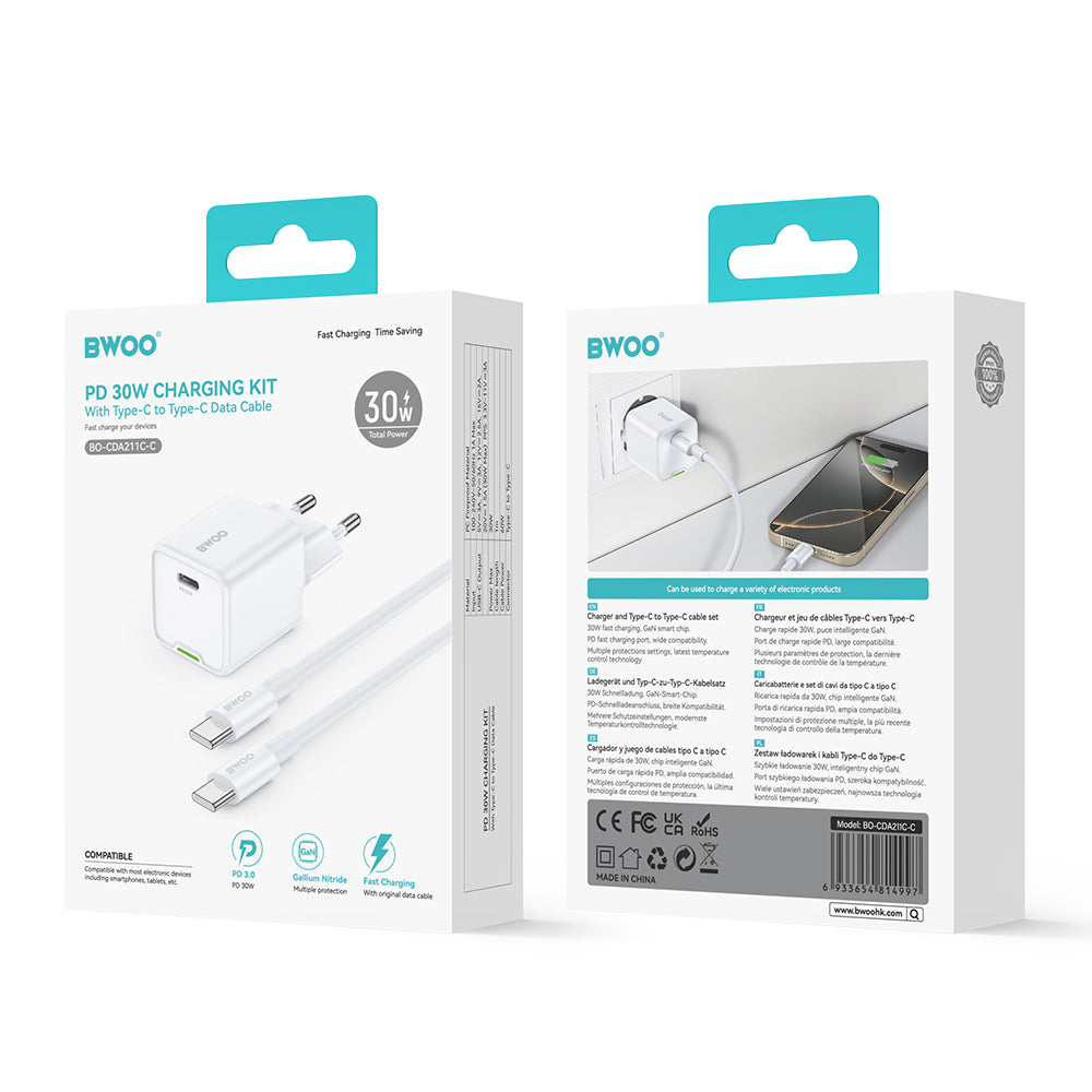 Network Charger with USB-C Cable BWOO CDA211, 30W, 3A, 1 x USB-C, White