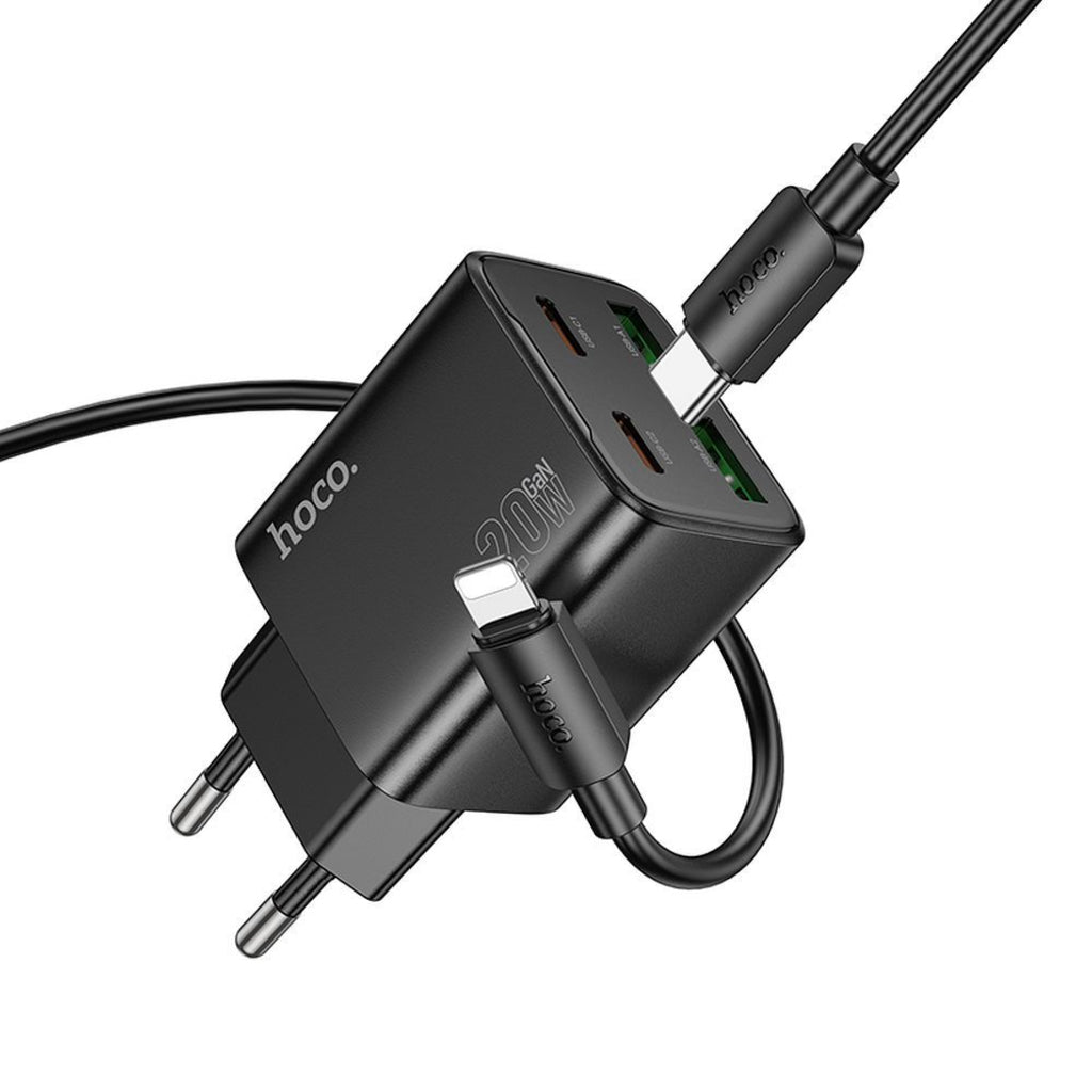 Network Charger with Lightning Cable HOCO N55, 20W, 3A, 2 x USB-A - 2 x USB-C, Black