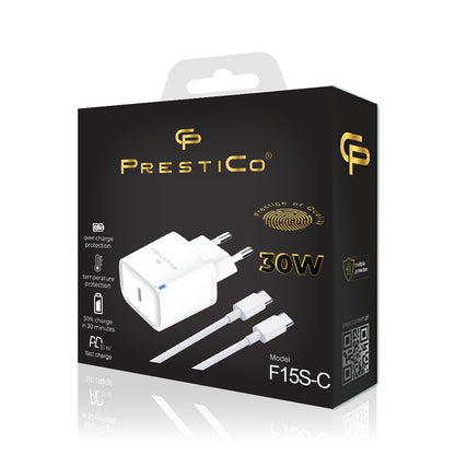 Network Charger with USB-C Cable Prestico F15S-C, 30W, 3A, 1 x USB-C, White