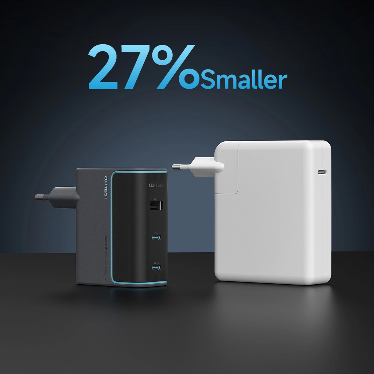 Cuktech Network Charger with USB-C Cable, 100W, 5A, 1 x USB-A - 2 x USB-C, Gray CUKAD1003EUG