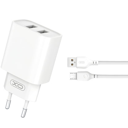 Network Charger with microUSB Cable XO Design CE02C, 10.5W, 2.1A, 2 x USB-A, White 