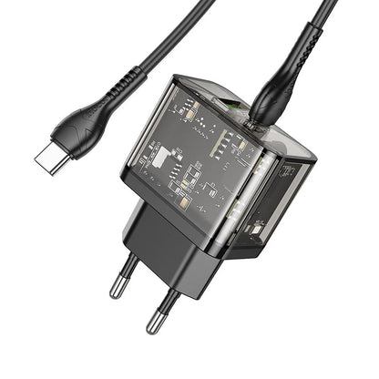 Network Charger with USB-C Cable HOCO N34, 20W, 3A, 1 x USB-A - 1 x USB-C, Transparent