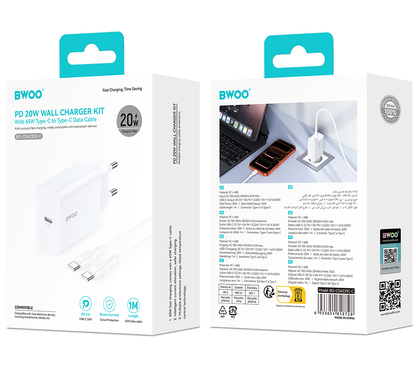 Network Charger with USB-C Cable BWOO CDA233, 20W, 3A, 1 x USB-C, White