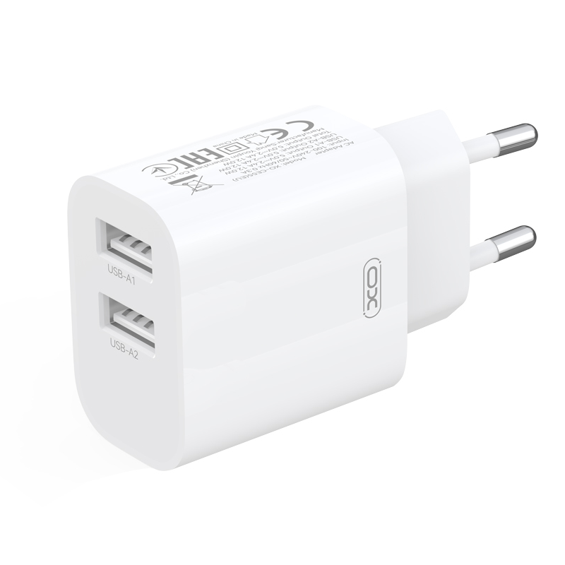 XO Design CE55 Mains Charger with USB-C Cable, 12W, 2.4A, 2 x USB-A, White
