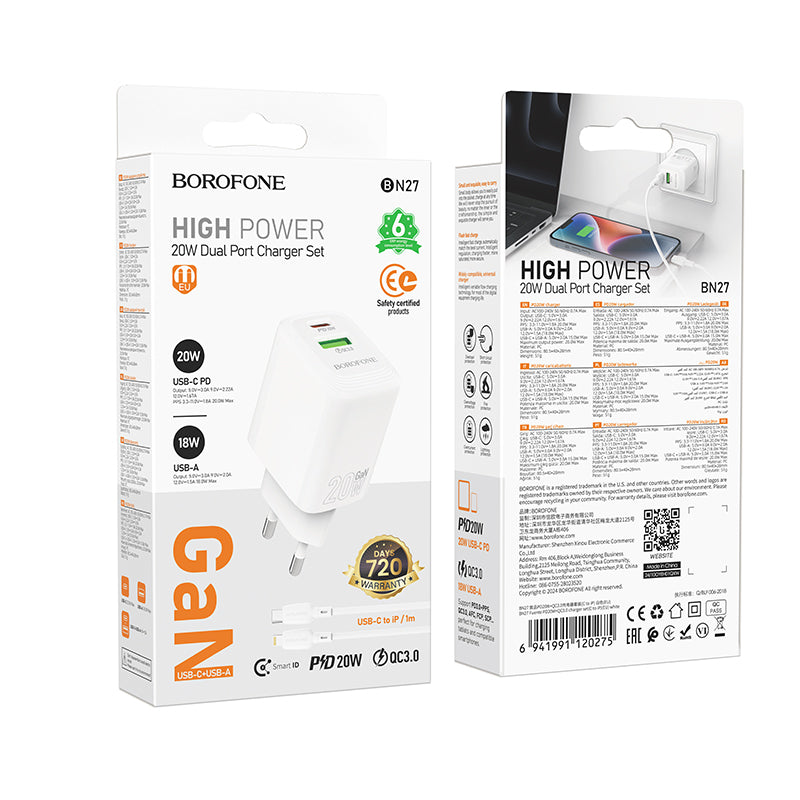 Network Charger with Lightning Cable Borofone BN27 Fuente, 20W, 3A, 1 x USB-A - 1 x USB-C, White