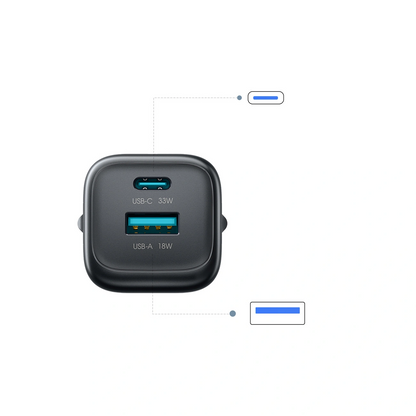 Joyroom JR-TG7 USB-C Cable Wall Charger, 33W, 3A, 1 x USB-A - 1 x USB-C, Black