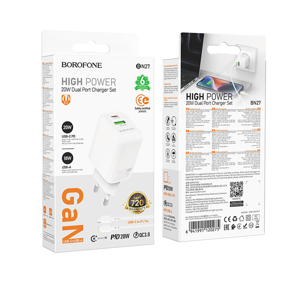 Network Charger with Lightning Cable Borofone BN27 Fuente, 20W, 3A, 1 x USB-A - 1 x USB-C, White