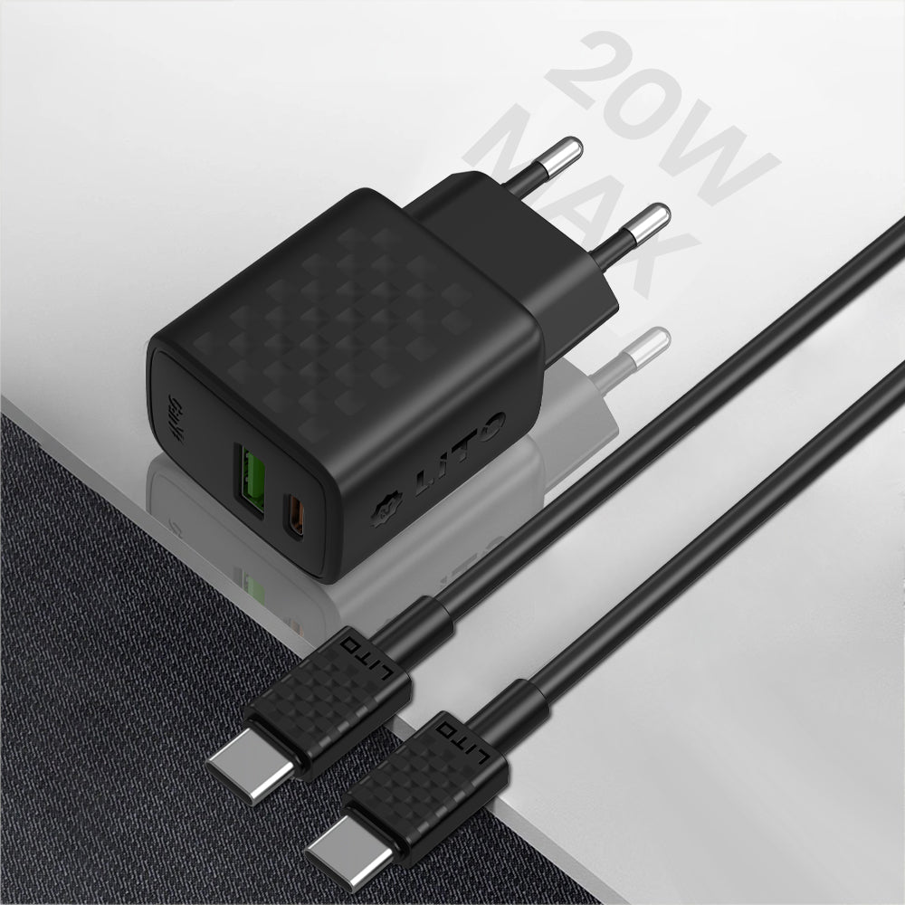 Network Charger with USB-C Cable Lito LC15T, 20W, 3A, 1 x USB-A - 1 x USB-C, Black