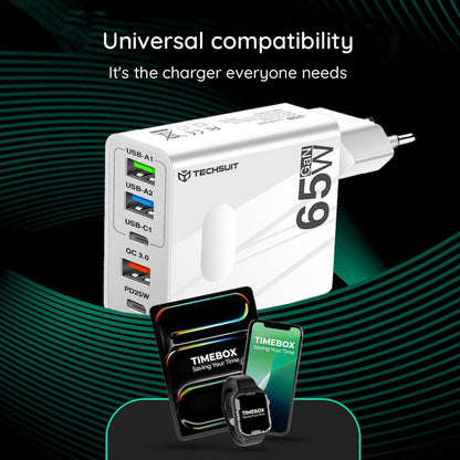 Techsuit CHC1 PentaXPower Network Charger with USB-C Cable, 25W, 3A, 3 x USB-A - 2 x USB-C, Black