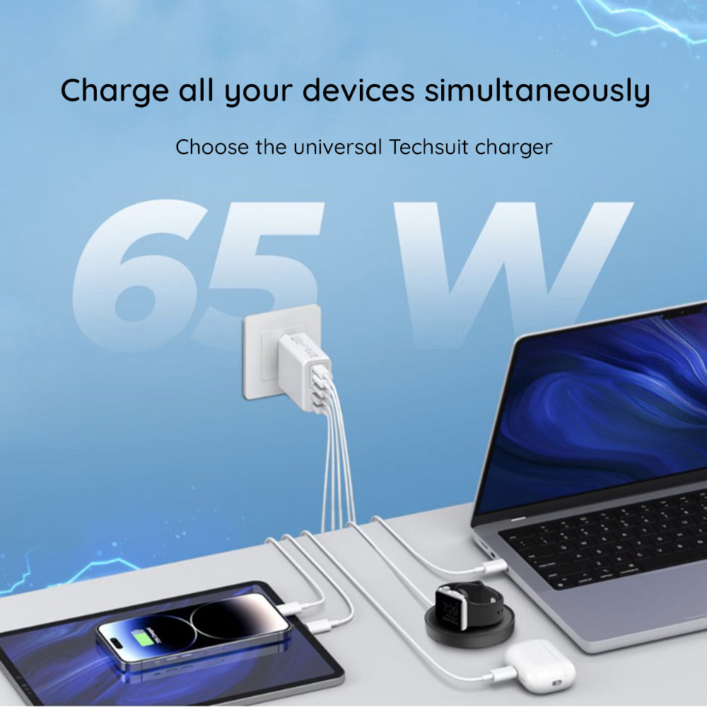 Network Charger with USB-C Cable Techsuit CHC2 PentaXPower, 20W, 3A, 3 x USB-A - 2 x USB-C, White