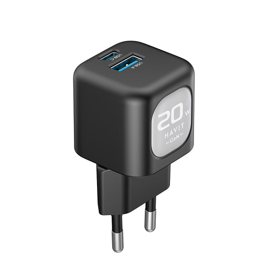 HAVIT UC220 Network Charger, 20W, 3A, 1 x USB-A - 1 x USB-C, Black Grey