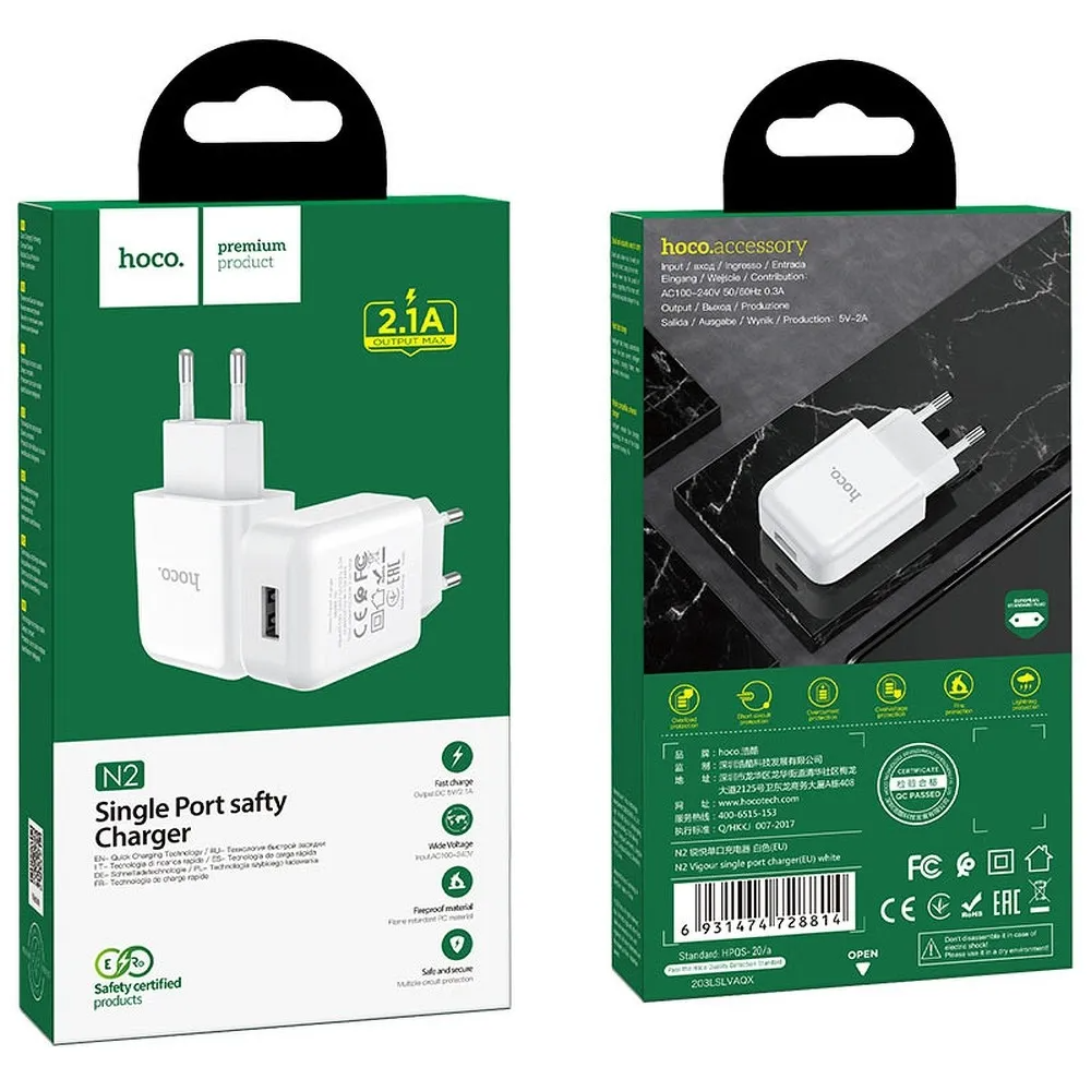 HOCO N2 Wall Charger, 10W, 2A, 1 x USB-A, White