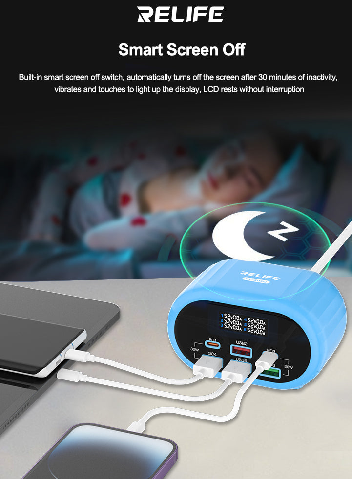 Relife RL-309U Station Charger, 72W, 5A, 2 x USB-C - 4 x USB-A, Blue