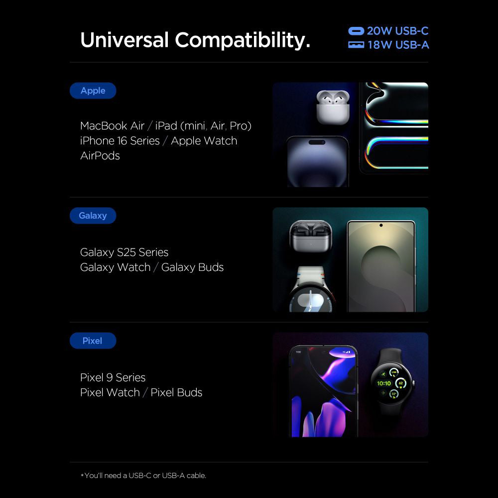 Spigen Essential Network Charger, 20W, 3A, 1 x USB-A - 1 x USB-C, White ACH08704