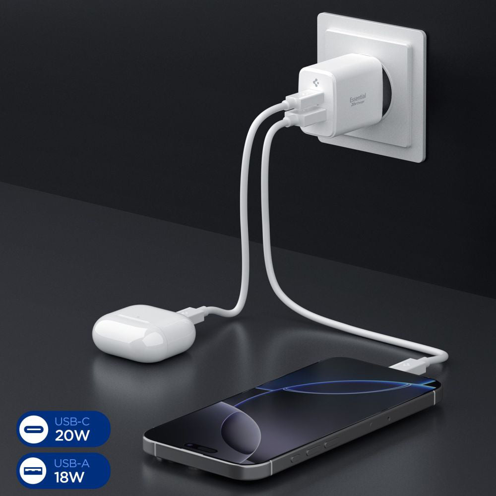 Spigen Essential Network Charger, 20W, 3A, 1 x USB-A - 1 x USB-C, White ACH08704